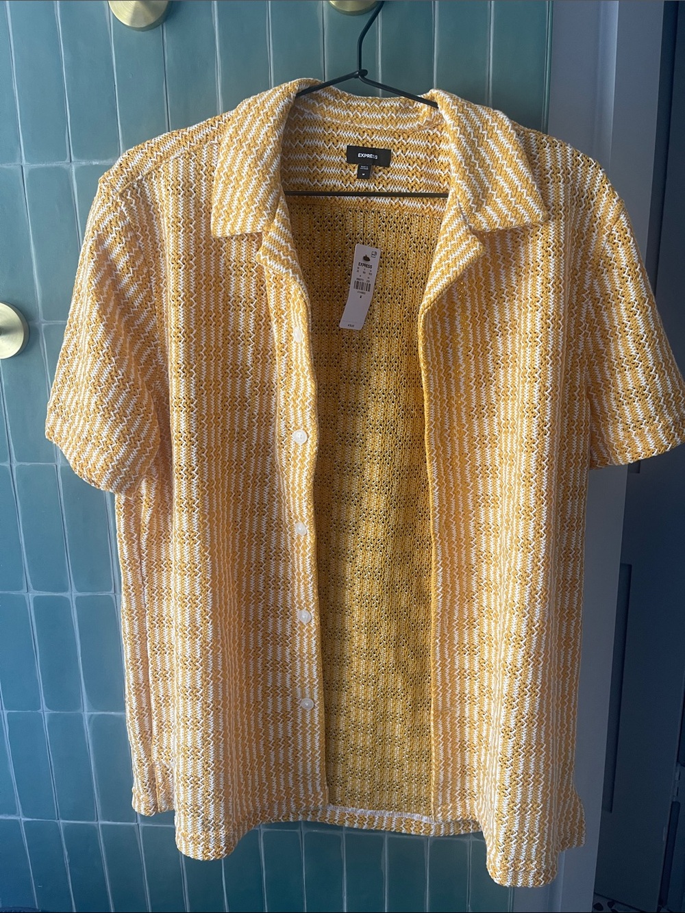 Express Yellow and White Short-Sleeve Knit Button-Up Shirt